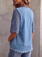 Vintage Elegant Patchwork Denim Leopard Cut-Out Shirt