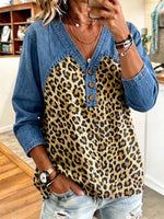 Chic Denim & Leopard Print Color-block V-neck Top