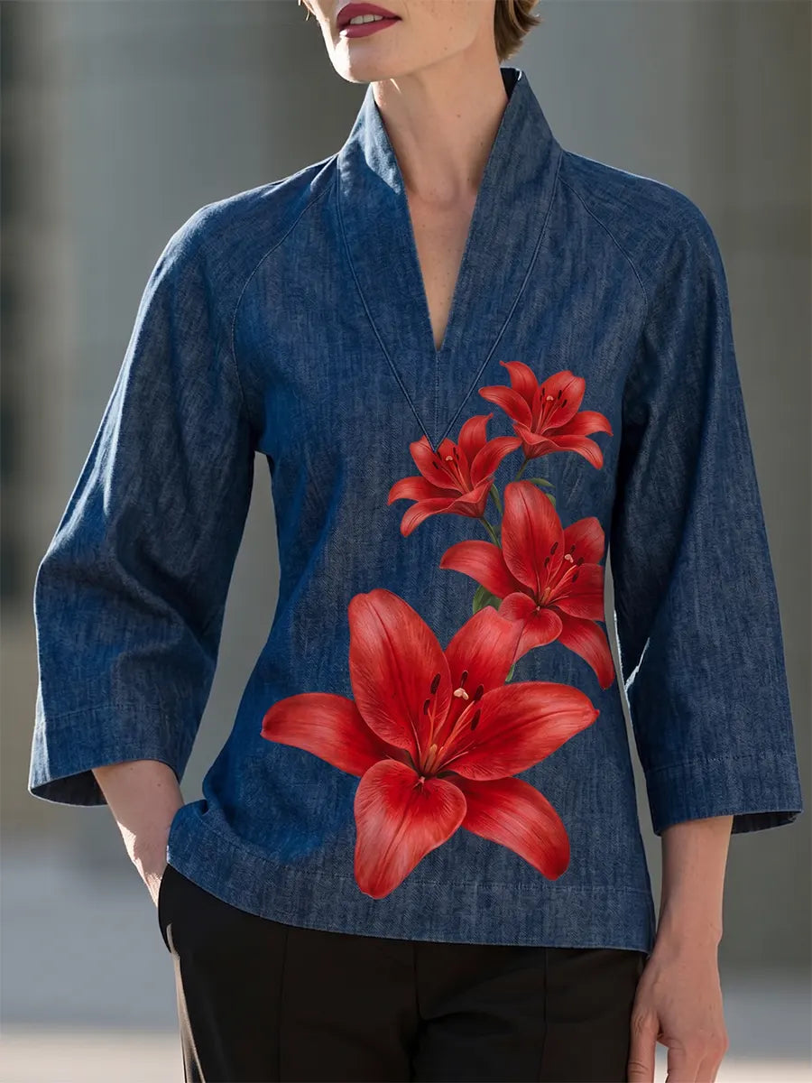 Elegant Floral Print Denim-Style V-Neck Tunic Top