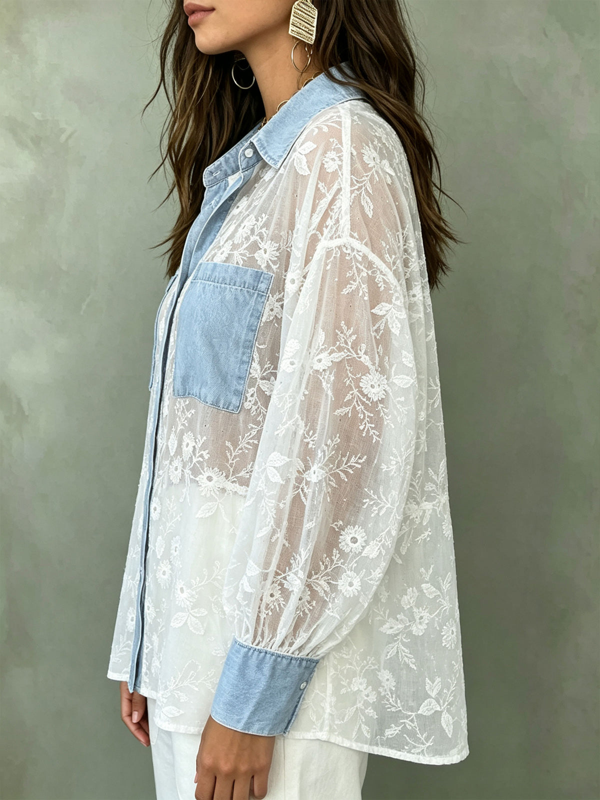 Women’sFloral Embroidery Sheer Lace Shirt With Denim Patch Pockets