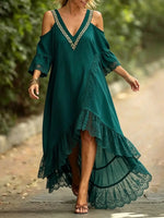Women Solid Embroidery V Neck Cold Shoulder High Low Maxi Dress
