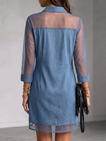 Women's Casual Loose-fit Denim Shirt Dress With Chiffon Panels Lapel Collar And 3/4 Sleeves