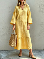 Women's V-collar Loose Art Casual Long Sleeve Cotton Linen Dress