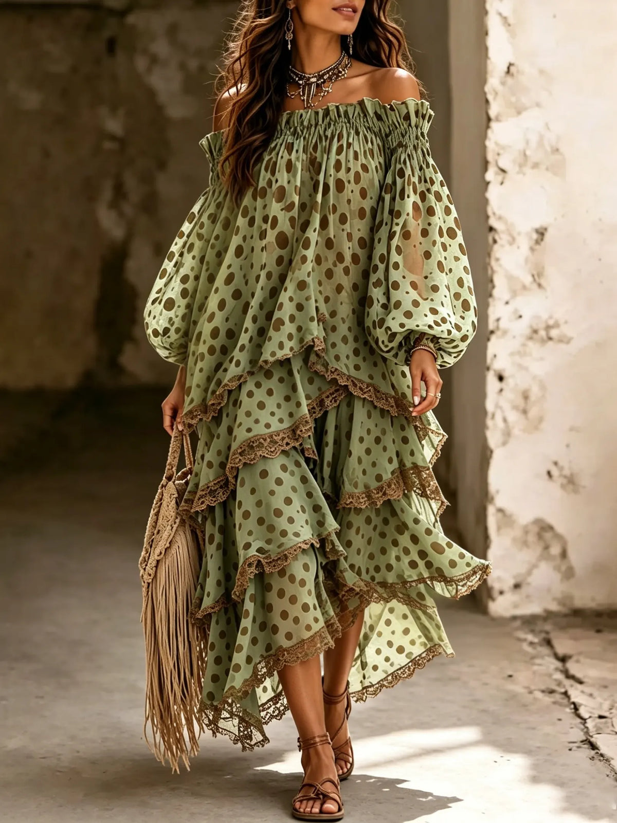 Women Big Polka Dot Lace Off Shoulder Irregular Tiered Maxi Dress