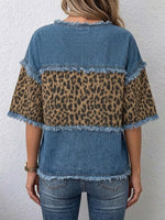 Casual Patchwork Denim Top With Leopard Print And Frayed Details