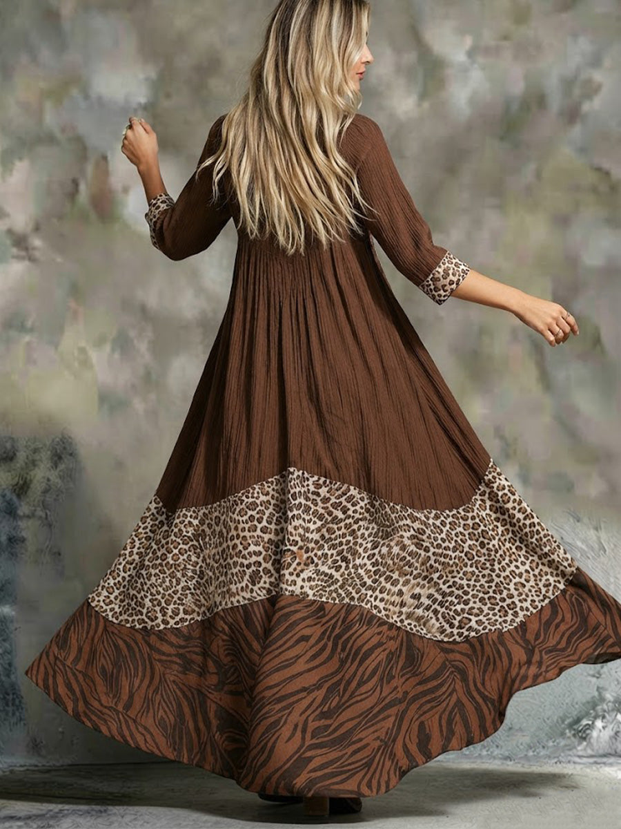 Boho Vintage Leopard Tiger Contrast Splice V-neck 3/4 Drop Sleeve Flow Cover-up Ankle Maxi Dress