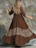 Boho Vintage Leopard Tiger Contrast Splice V-neck 3/4 Drop Sleeve Flow Cover-up Ankle Maxi Dress