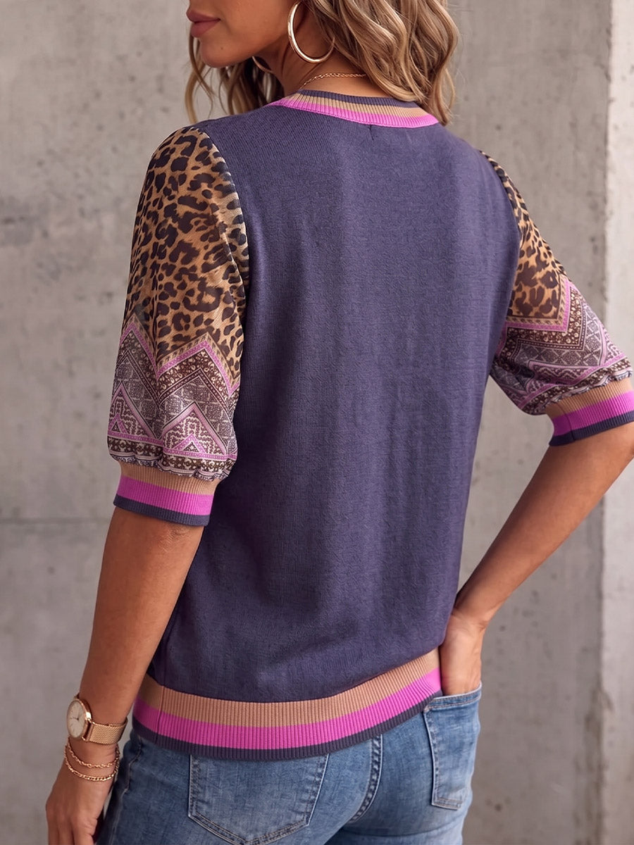 Vintage Elegant Patchwork Leopard Cut-Out Lace Chiffon Sweater