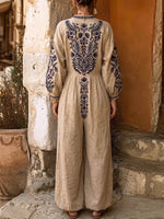 Women's Placement-print V-neck Long-sleeve Casual Loose Cotton-linen Wide-leg Jumpsuit