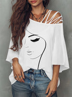 Loose-fit Top Featuring A Spliced asymmetrical Neckline, Abstract Line-art Face Graphic, Dropped Shoulders, And Flared Mid-length Sleeves