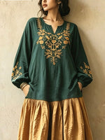 Women's Retro Ethnic Floral Art Casual Stylish V-collar Long Sleeve Cotton Linen Maxi Dress