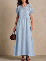 Elegant Dress Featuring A Spliced design Of Lace, Linen, And Cotton.