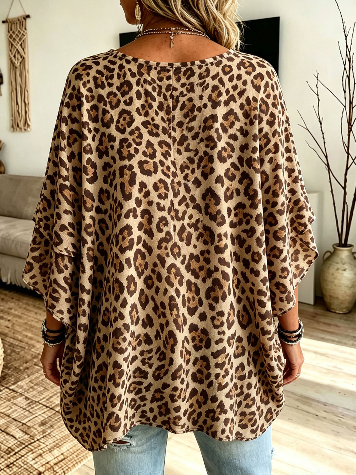 Women’s Leopard Print Round Neck Double Layer Ruffle Dolman Sleeve Blouse