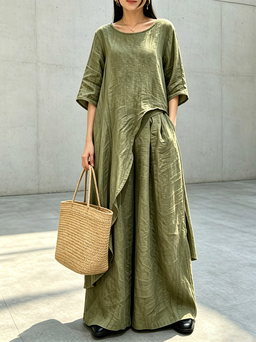 Women's Art Asymmetry Casual Top And Pants Cotton And Linen Two-piece Set