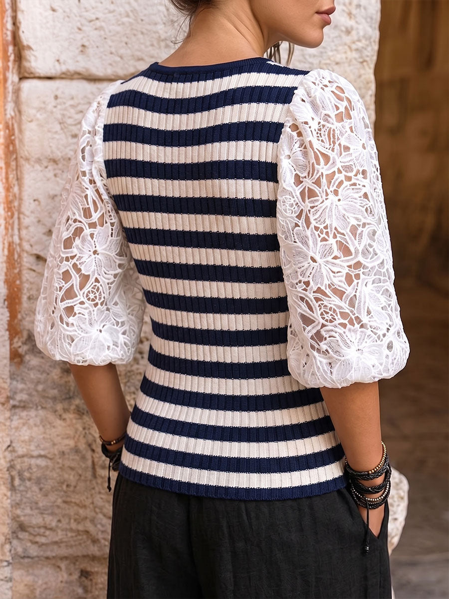 Vintage Elegant Openwork Lace Patchwork Knit Puff Sleeve Shirt Top