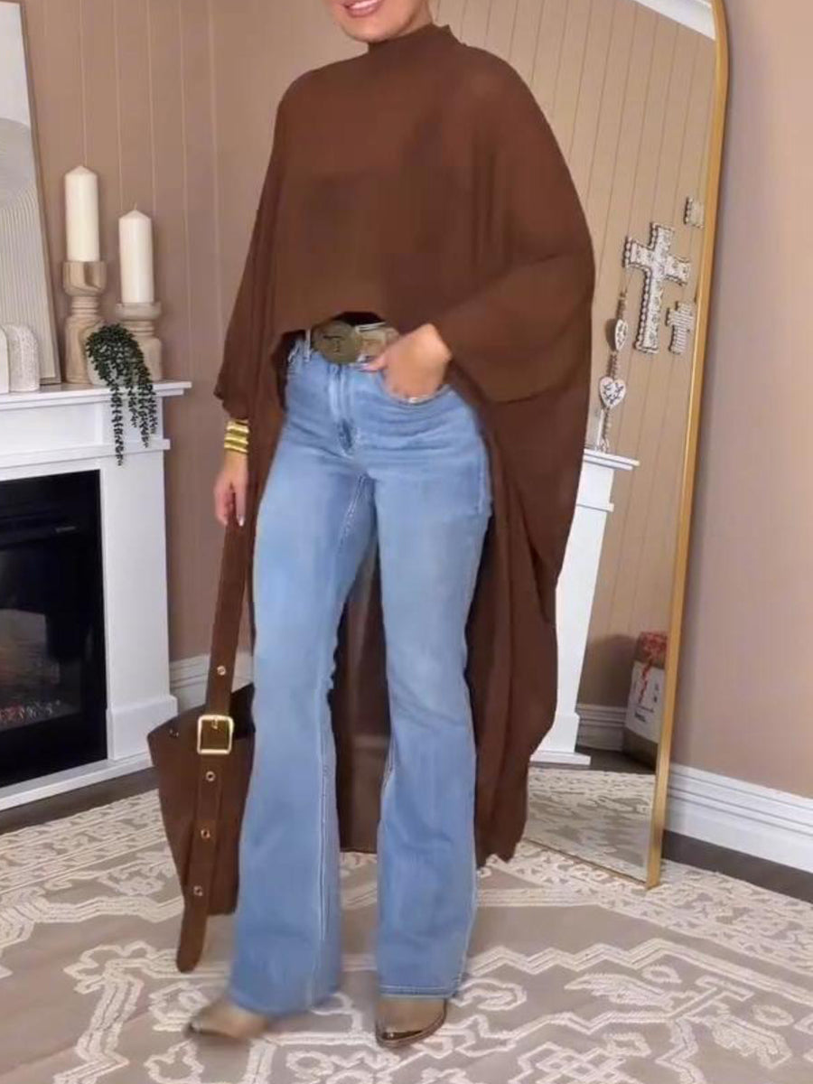 Elegant Mock-neck Asymmetrical Chiffon Cape Top