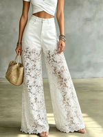 Women's Denim and Sheer Lace Wide-Leg Pants