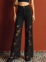 Women's Loose-fit, Straight-leg Jeans Featuring Black Lace Cutouts And Bead Embellishments For A Slimming Look
