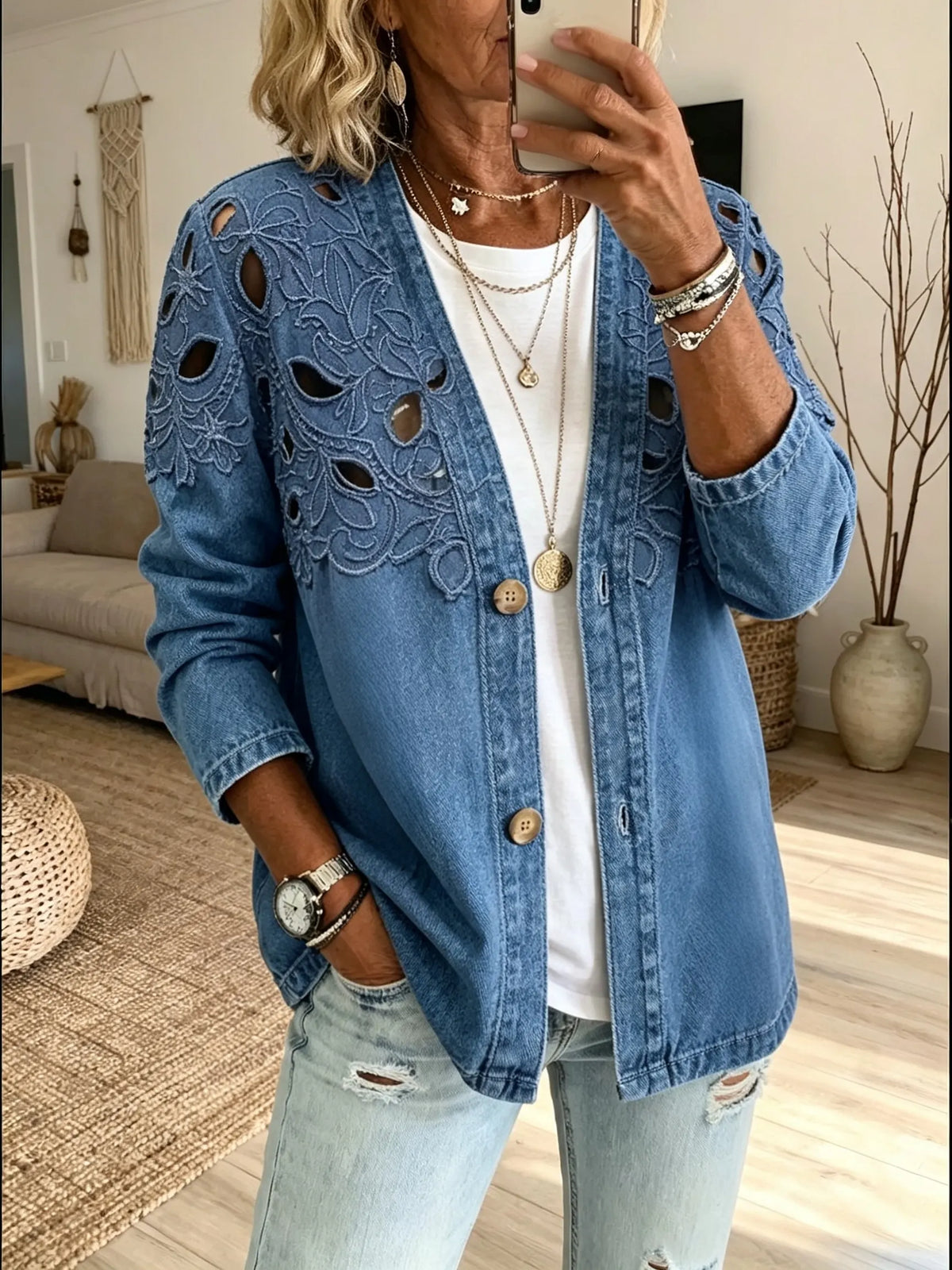 Women's Hollow Floral Embroidery Denim V Neck Long Sleeve Cardigan Jacket