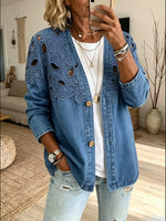 Women's Hollow Floral Embroidery Denim V Neck Long Sleeve Cardigan Jacket