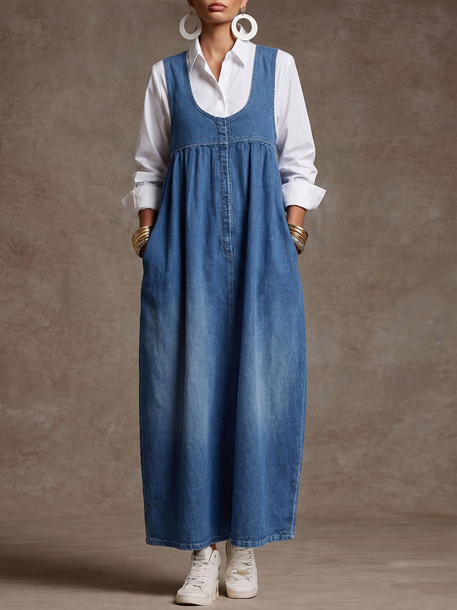 Women's U-neck Sleeveless Casual Loose Denim Dress
