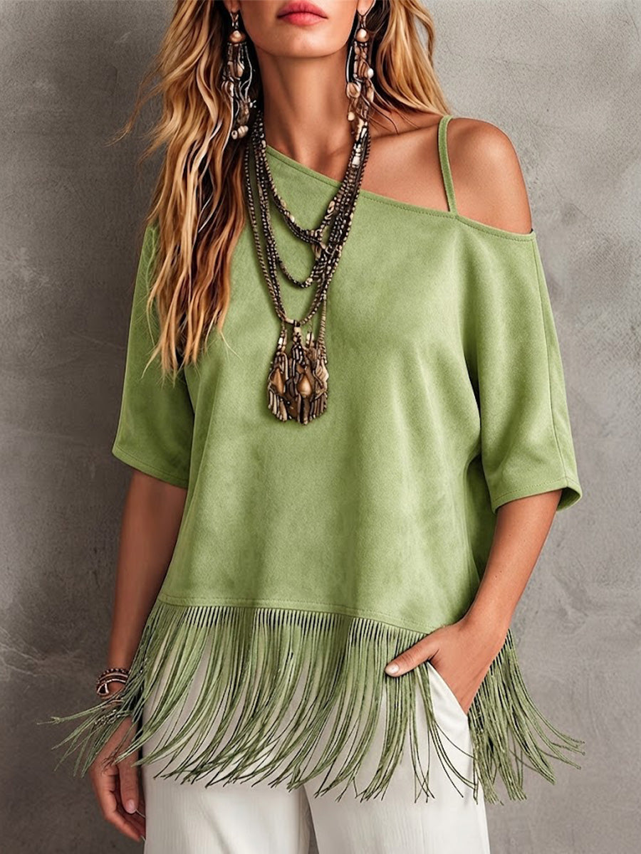 Loose-fit, Short-sleeved Faux Suede Top With An Asymmetrical Off-shoulder Neckline And A Fringed Hem