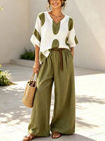 Geometric V-collar Art Casual Top And Wide Leg Pants Cotton Linen Two-piece Set