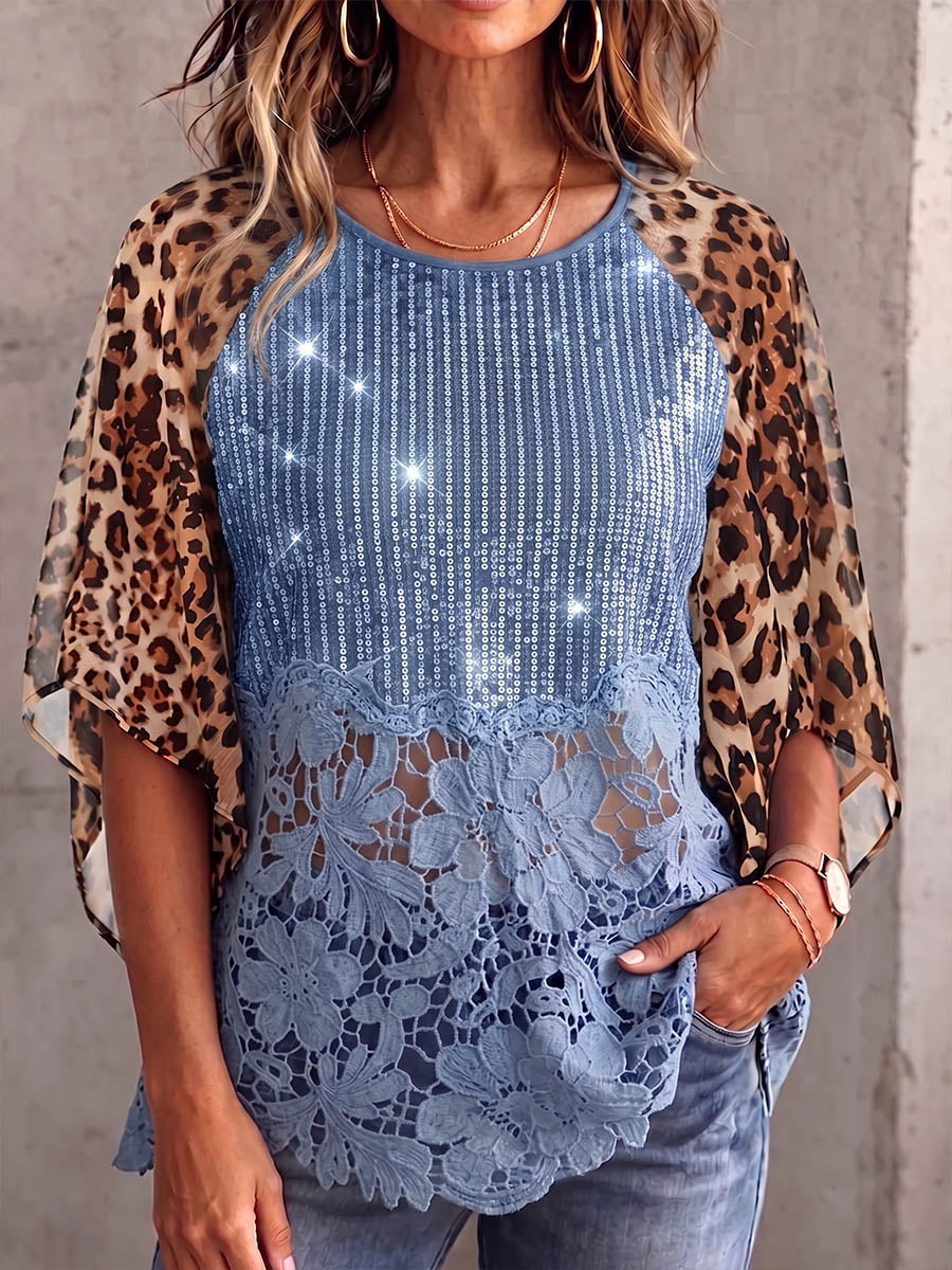 Vintage Elegant Glitter Sequins Patchwork Cut-Out Lace Shirt