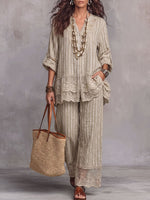 Vintage Elegant Patchwork Floral Embroidery Sheer Panel Shirt Set