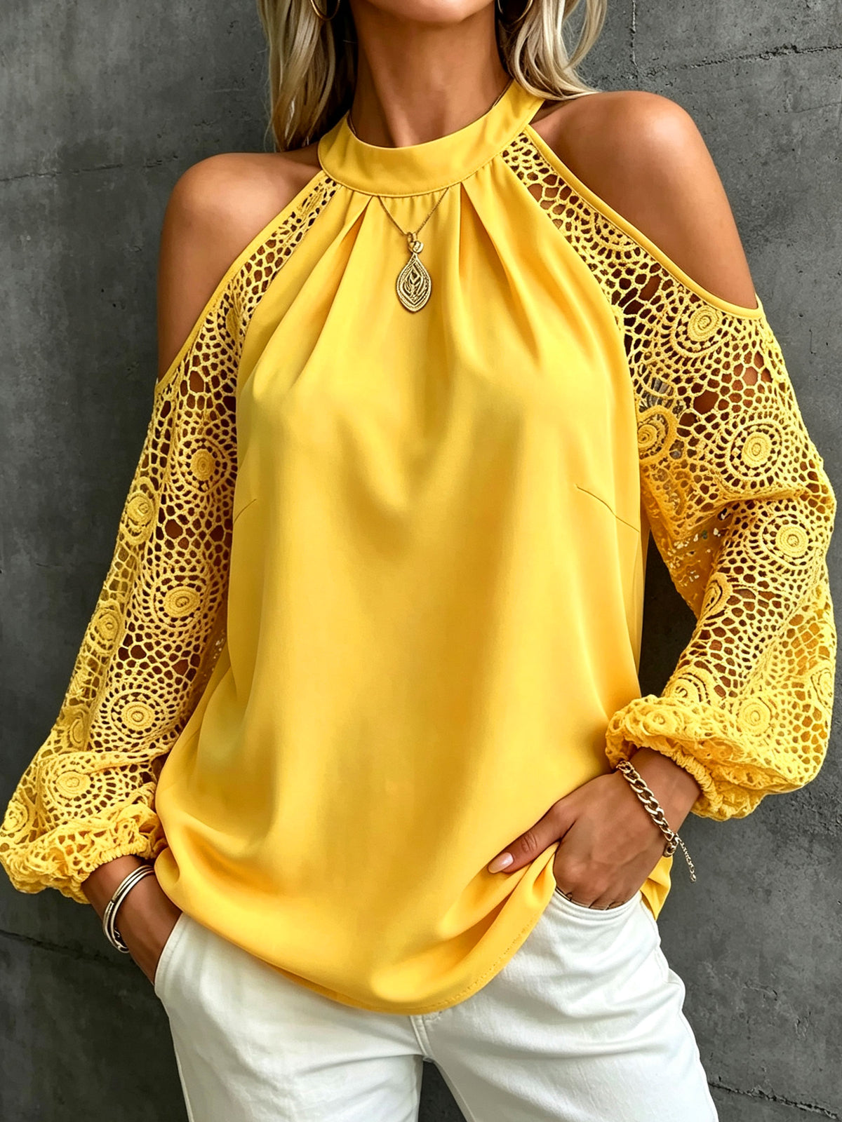 Women’s Halter Cold Shoulder Crochet Lace Puff Long Sleeve Blouse