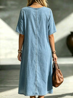 Women’s Hollow Crochet Panel Short Sleeve Loose Denim Midi Dress