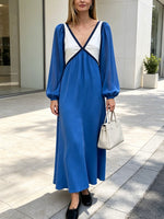 Chic Color Block V-Collar Loose Art Casual Long Sleeve Dress