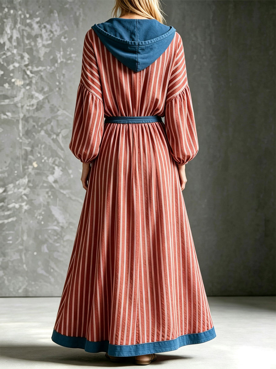 Retro Stripe Hooded Loose Art Casual 3/4 Sleeve Cotton Linen Long Dress