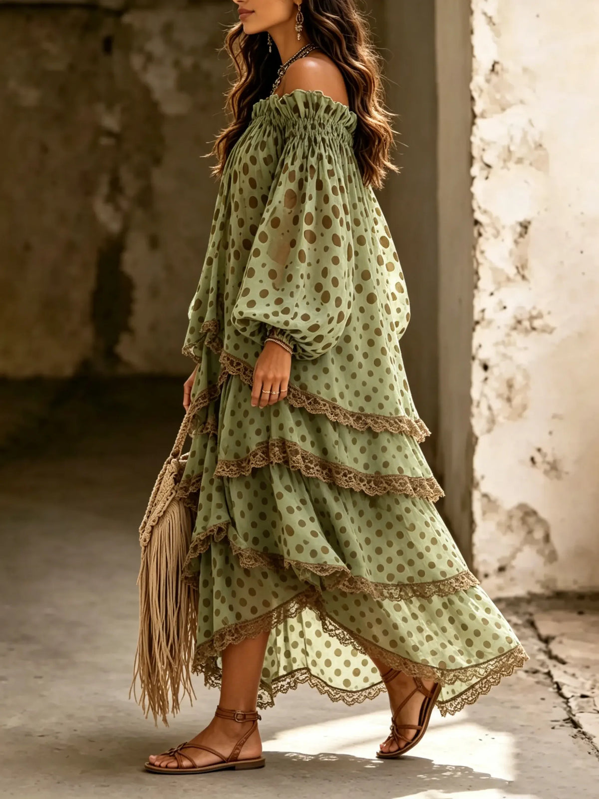 Women Big Polka Dot Lace Off Shoulder Irregular Tiered Maxi Dress