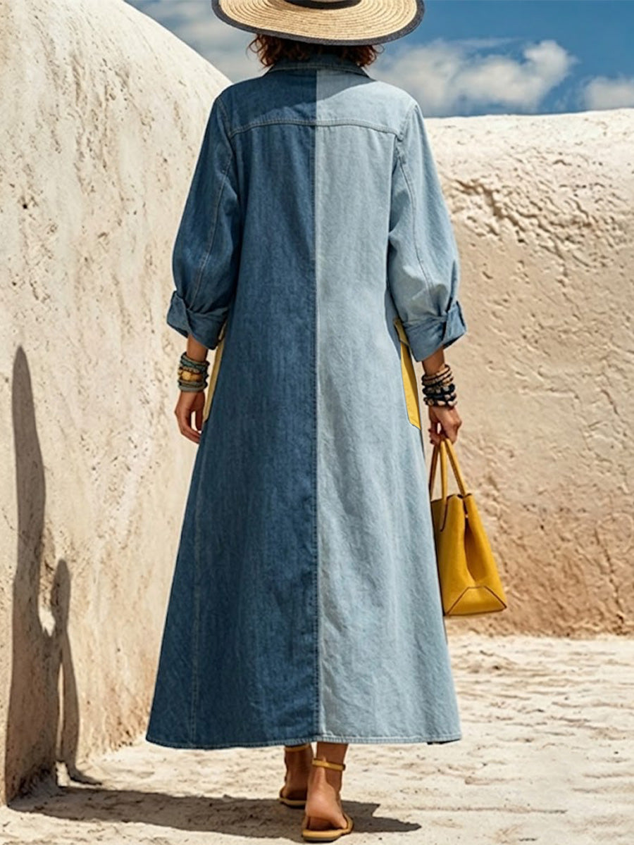 Two-tone Washed Denim Contrast Yellow Patch Pocket Collar Long Sleeve Maxi Shirt Dress