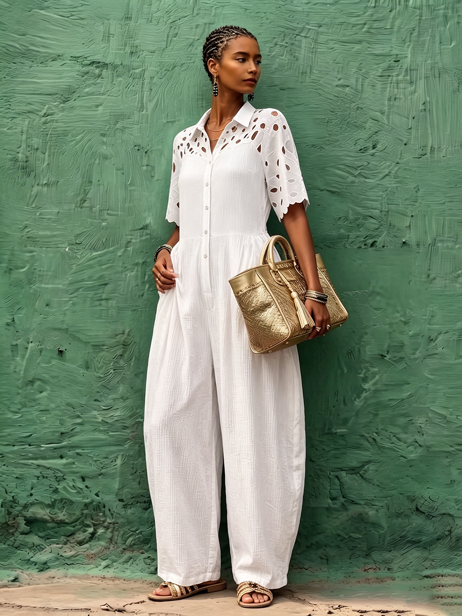 Elegant Vintage Floral Embroidered Patchwork Cotton Jumpsuit