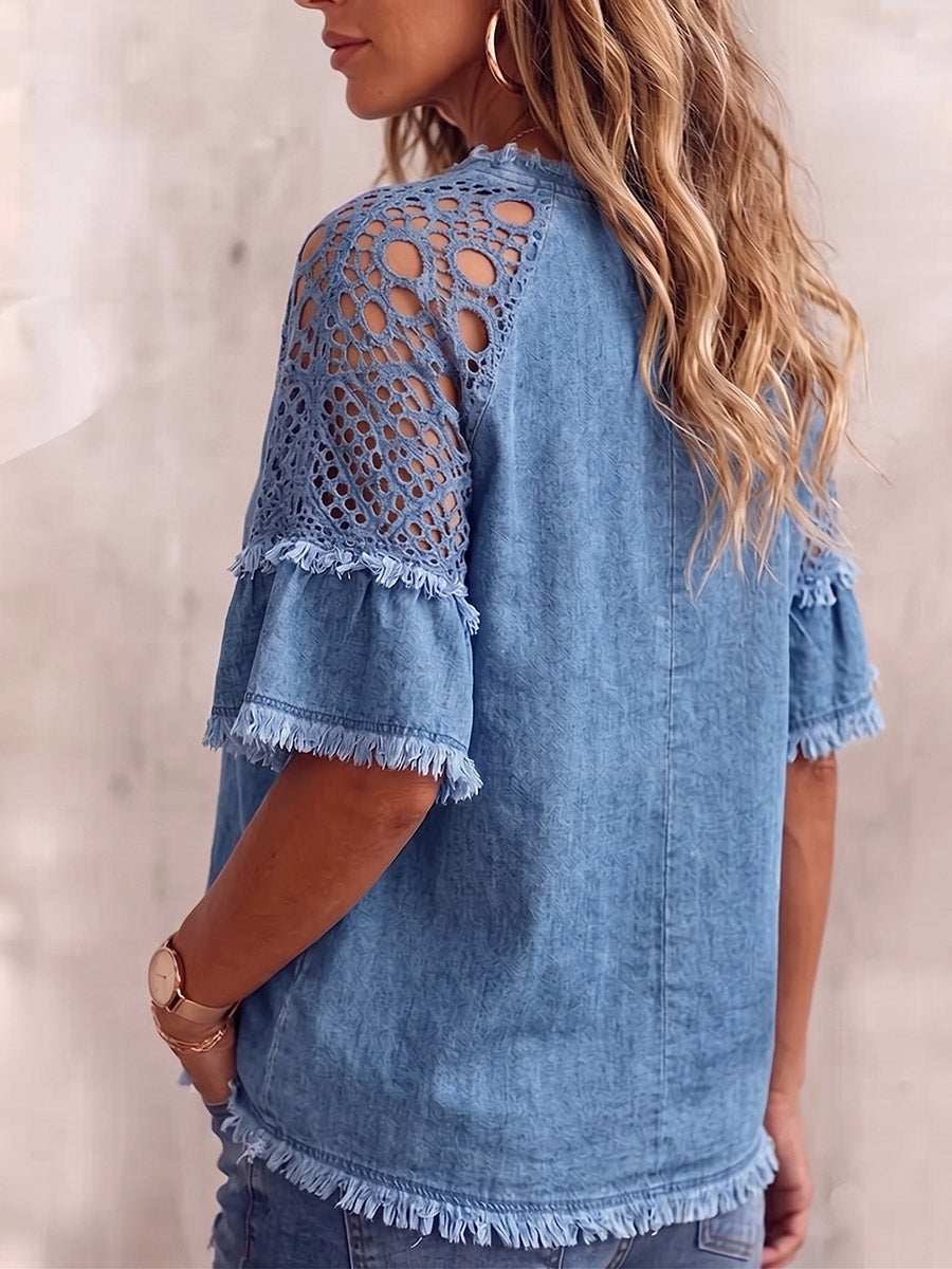 Vintage Elegant Denim Patchwork Hollowed Out Lace Shirt
