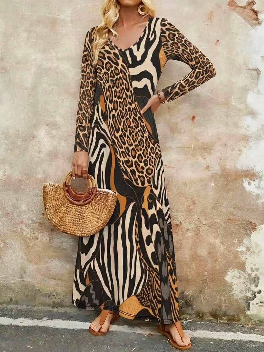 Women's Leopard Pattern Art Casual Stylish Long Sleeve Dress