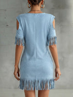 V-neck, Off-shoulder, Short-sleeve, Loose-fit Midi Dress In Faux Suede With Fringe Detailing—perfect For A Vacation Look