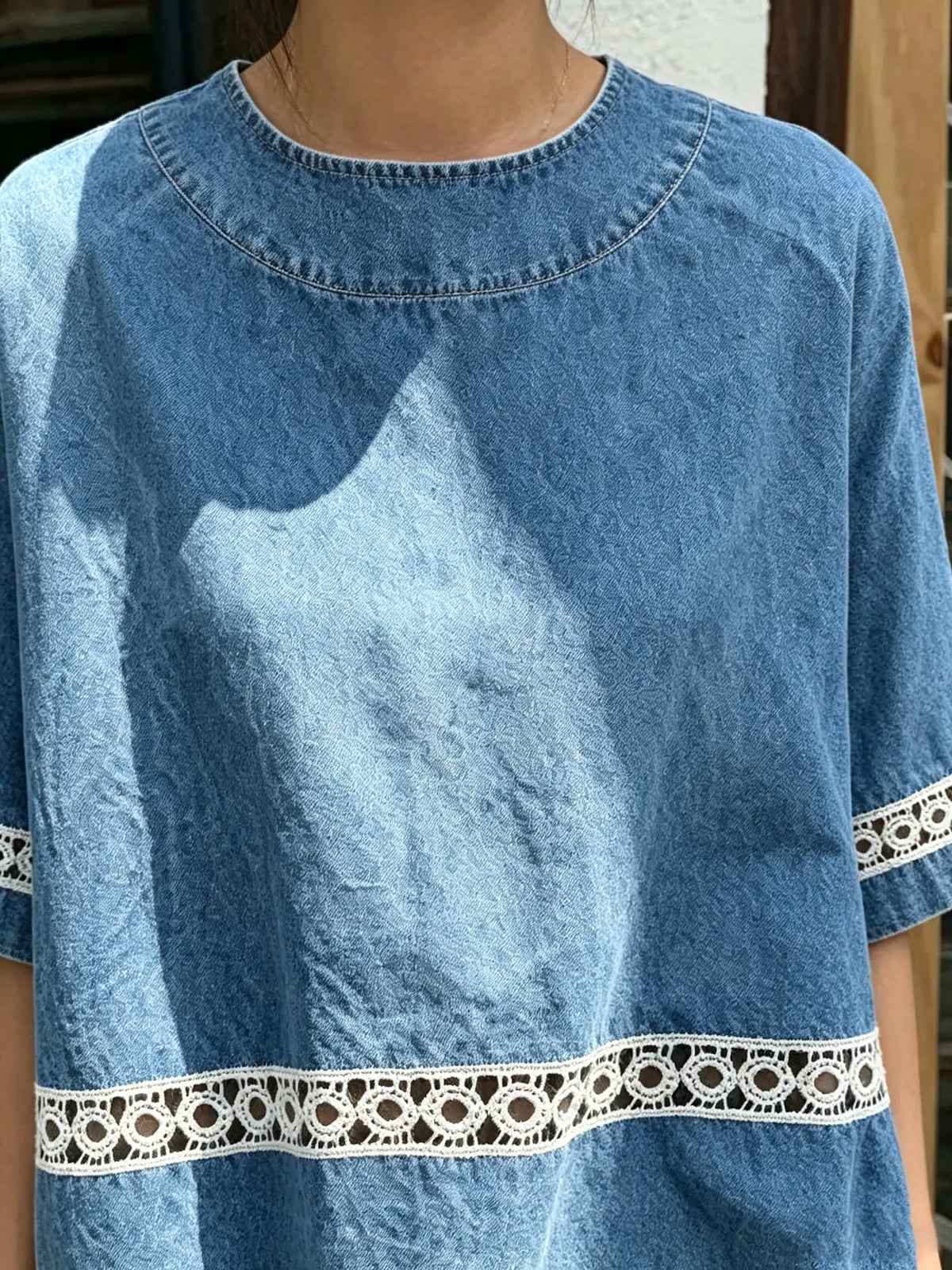 Women's Oversized Denim Lace Inset Top