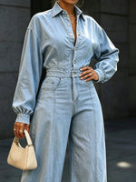 Fashion Denim Lapel Casual Loose Long Sleeve Pockets Jumpsuit