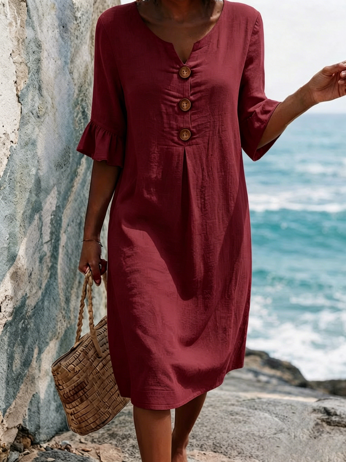 Solid-color Cotton Dress Featuring A V-neck, Three Wooden Buttons, Front Pleats, And Flattering Ruffled Mid-length Sleeves