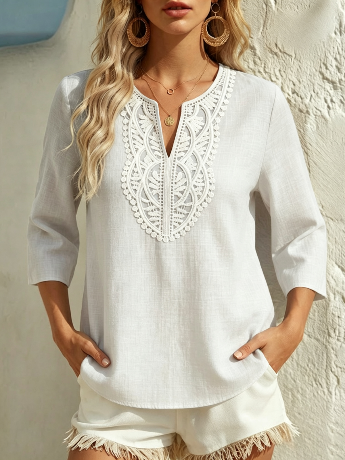 Loose-fit Solid-color Cotton-linen T-shirt With V-neck, Lace Paneling, And Three-quarter Sleeves
