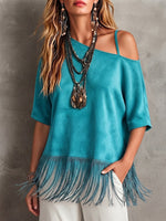 Loose-fit, Short-sleeved Faux Suede Top With An Asymmetrical Off-shoulder Neckline And A Fringed Hem