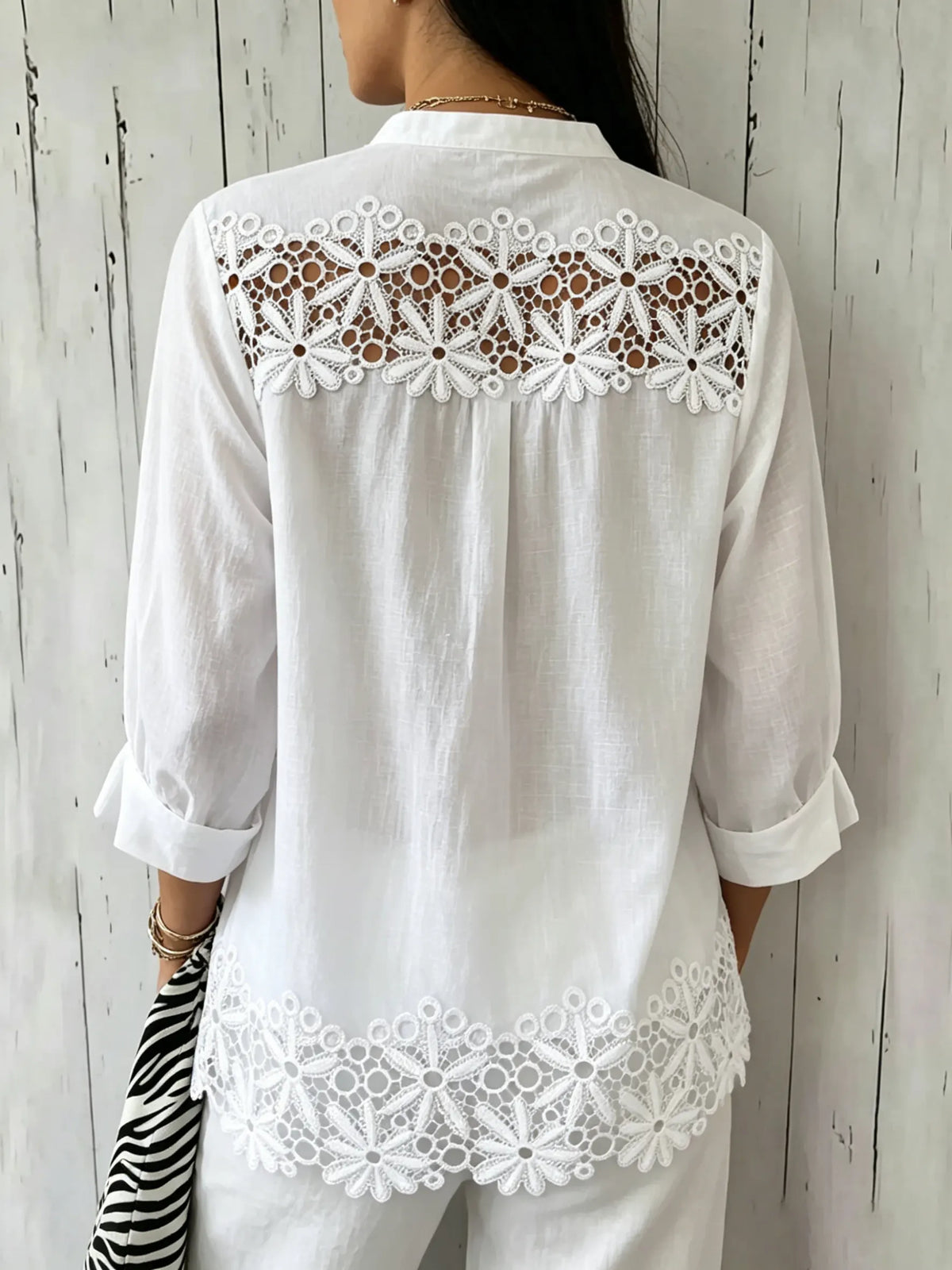 Women Solid Floral Eyelet Lace Stand Collar 3/4 Sleeve Loose Blouse