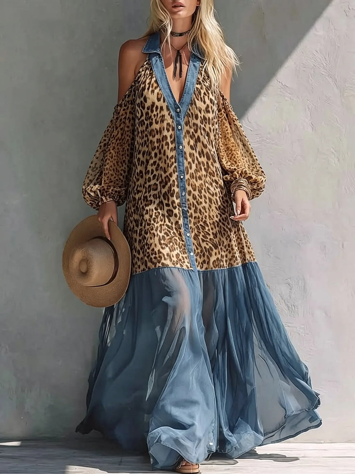 Women's Leopard Print Chiffon Denim Patchwork Cold Shoulder Maxi Dress