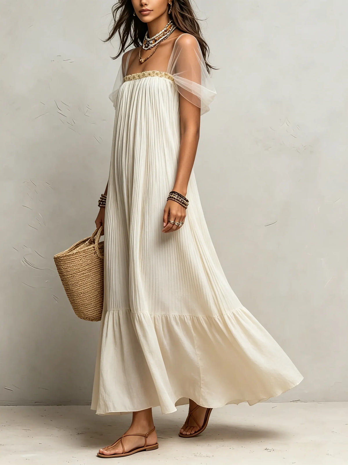 Women's Pleated Sheer-Sleeve Ruffle Maxi Dress