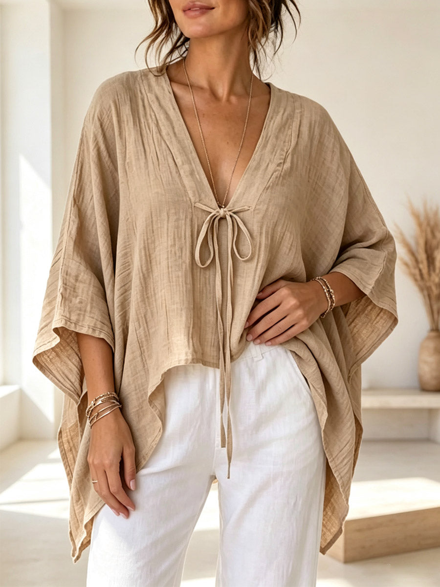 Women's Bat Sleeve Art Casual Stylish 3/4 Sleeve Cotton Linen Shirt
