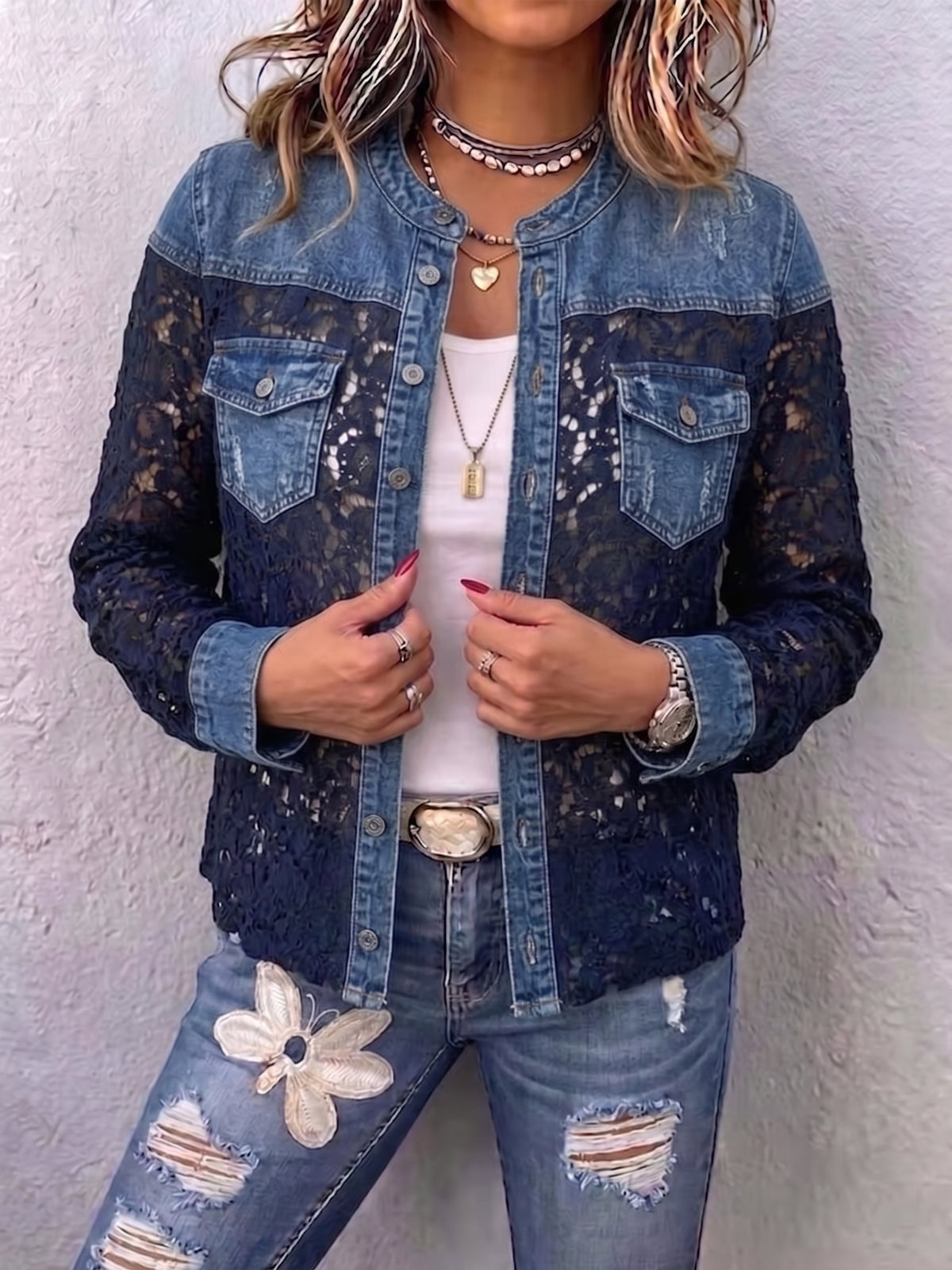 Casual Denim Jacket With Lace Paneling