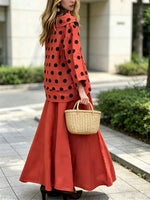 Retro Polka Dot Casual Cowl Neck Top And Skirt Cotton And Linen Two-piece Set